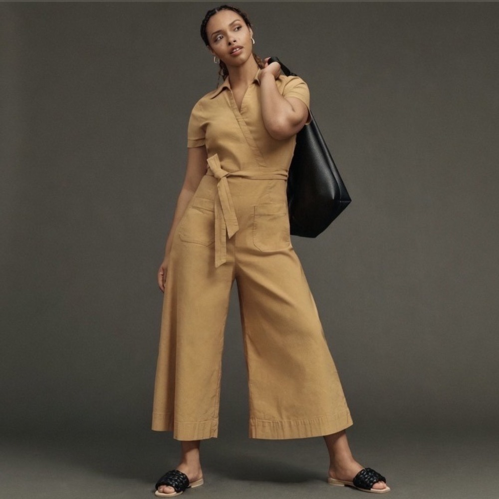 Maeve Anthropologie Faux-Wrap Short-Sleeve Culotte Jumpsuit Ochre Yellow Size 12